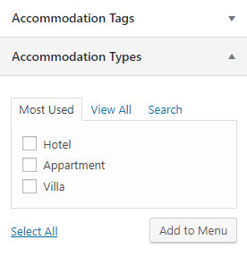 Accommodation Types and Tags in Menus