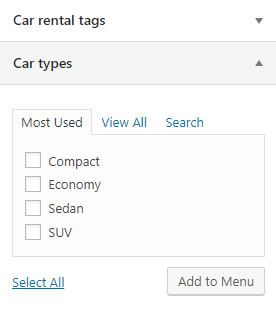 Car rental types and tags in menus