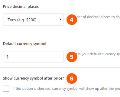 Price decimal places and currency settings